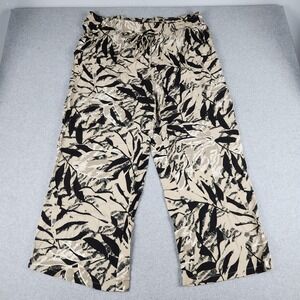 Royalty For Me Pants Womens 2X Beige Black Tropical Leaf Wide Leg Drawstring